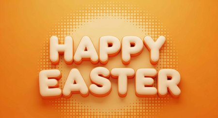 A vibrant orange background with 3D Happy Easter text for spring celebrations