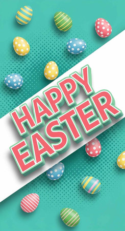 A colorful Easter graphic with eggs and a Happy Easter message on a teal background