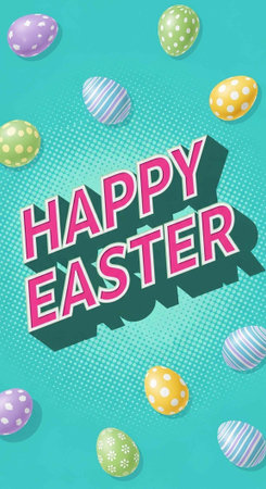 A colorful Easter graphic with eggs and Happy Easter text on a teal background
