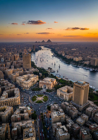 Aerial view of a bustling city with a river and pyramids in the distance at sunsetの写真素材