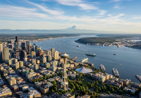Aerial view of Seattle cityscape with Space Needle and Mount Rainier in backgroundの写真素材