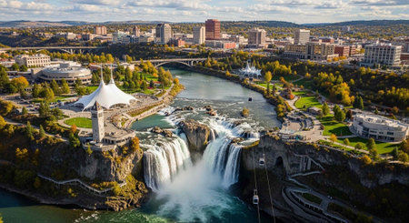 Aerial view of a city with a large waterfall and river flowing through itの写真素材