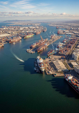 Aerial view of a bustling port with cargo ships and cranes in operation