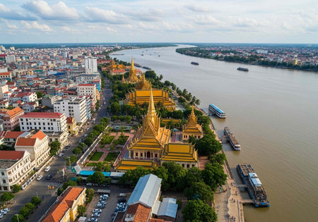 Aerial view of a city with a river and golden temples in Asiaの写真素材