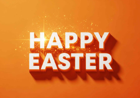 A vibrant orange Easter greeting with white text and festive sparkles