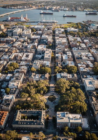 Aerial view of a vibrant cityscape with a waterfront and lush green parkの写真素材