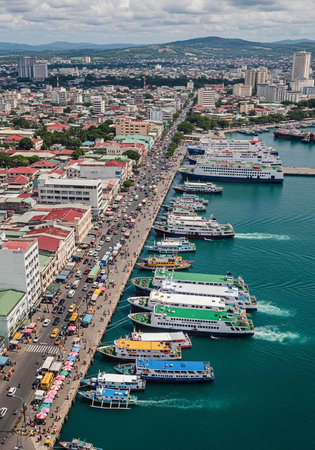 Aerial view of a bustling harbor with boats and cityscape in the background