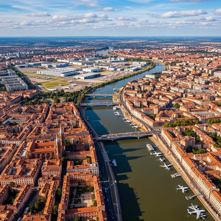 Aerial view of a city with a river and bridge under a blue skyの写真素材