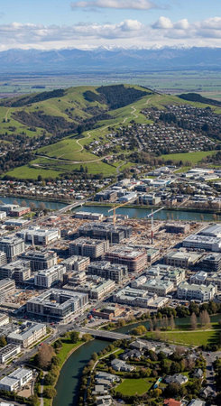 Aerial view of a modern cityscape with green hills and mountains in the backgroundの写真素材