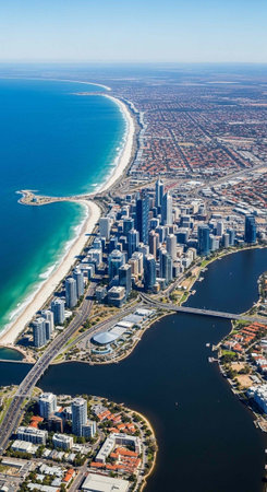 Aerial view of a modern cityscape with ocean and river waterfronts on a sunny day