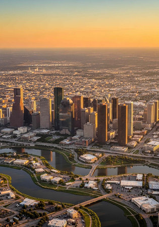 Aerial view of a modern city skyline at sunset with a river running through itの写真素材
