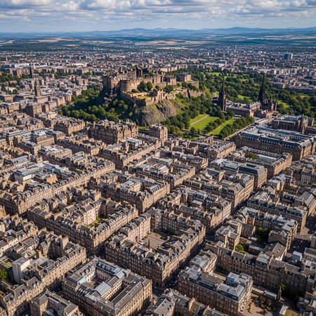 Aerial view of a historic city with a castle and many buildingsの写真素材