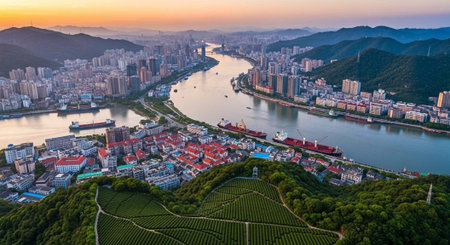 Aerial view of a cityscape with a river and mountains at sunsetの写真素材