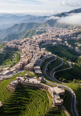 Aerial view of a city nestled in a valley with lush green mountains and terraced fieldsの写真素材