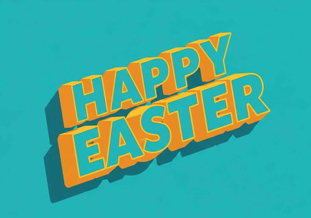A colorful Easter greeting with 3D text on a teal background