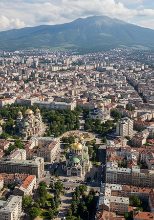 Aerial view of a city with a mountain in the background and a large cathedralの写真素材