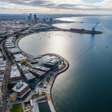 Aerial view of a modern city waterfront with buildings and boats on a calm seaの写真素材