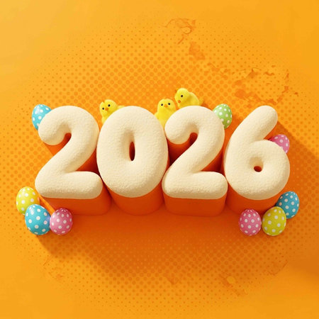 A colorful Easter-themed graphic with the year 2026 surrounded by eggs and chicksの写真素材