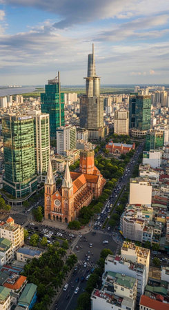 Aerial view of a bustling city with a mix of modern and historic architectureの写真素材