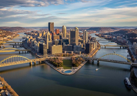 Aerial view of a city skyline with a river and bridges in daytimeの写真素材