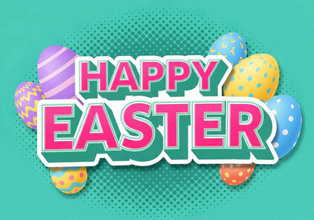 A colorful Easter graphic with the words Happy Easter surrounded by decorated eggs
