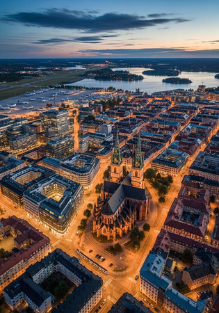 Aerial view of a vibrant cityscape at dusk with a large body of waterの写真素材