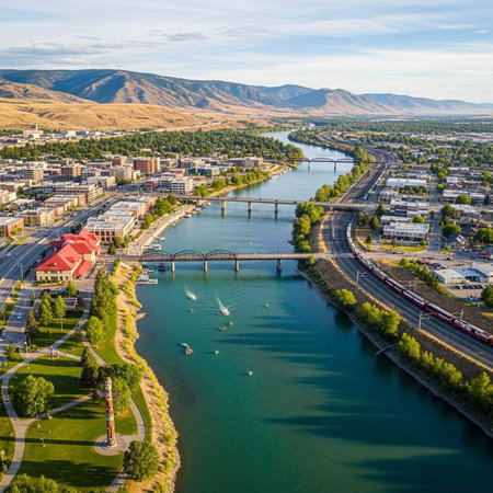 Aerial view of a city with a river and bridge surrounded by mountains