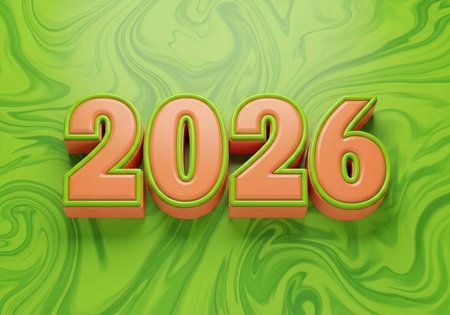 A vibrant green background with the year 2026 in large orange numbersの写真素材