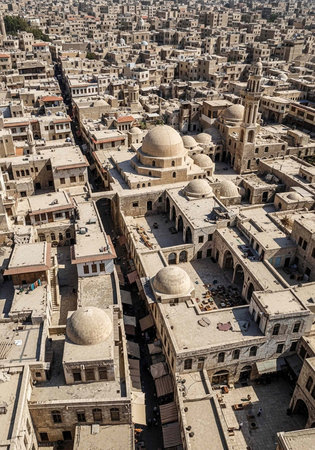 Aerial view of an ancient Middle Eastern city with domed buildings and narrow streetsの写真素材