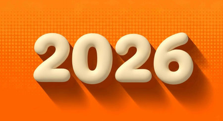 A close-up of 3D beige numbers 2026 casting shadows on a vibrant orange background