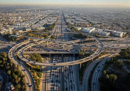 Aerial view of a multi-level highway interchange with numerous ramps and roads, surrounded by trees and buildings in an urban cityscape.の写真素材