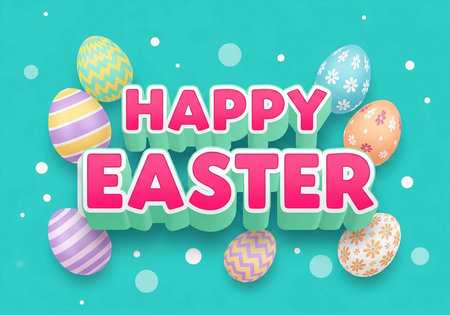 A vibrant Easter graphic featuring decorated eggs and HAPPY EASTER text on a teal background with...