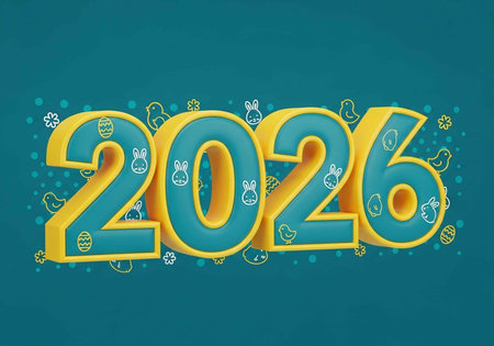 A vibrant 3D illustration of the year 2026 in yellow and teal, surrounded by Easter-themed icons...