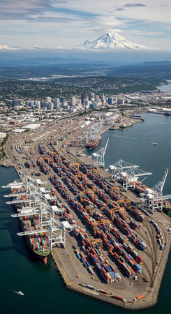 Aerial view of a port with numerous cargo ships, cranes, and containers, set against a backdrop of a...