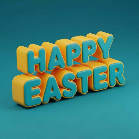 A 3D rendering of HAPPY EASTER in large, blue letters with yellow outlines and blocks on a teal...