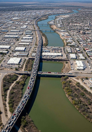 Aerial photograph of a city with a river running through it, featuring a busy bridge with traffic,...