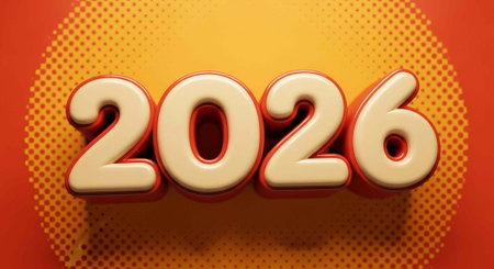 A bold, 3D-style 2026 text in cream color with red outline, set against a vibrant orange background...