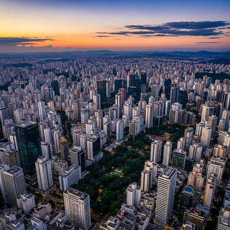Aerial view of a city with numerous skyscrapers and a large park, set against a vibrant sunset sky with hues of orange, yellow, and blue.の写真素材