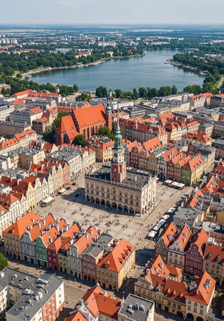 Aerial view of a historic old town with a large square, surrounded by buildings with red roofs and a...