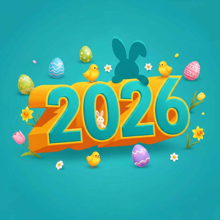 Vibrant Easter graphic featuring the year 2026, surrounded by eggs, flowers, chicks, and a bunny...