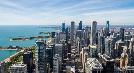 Panoramic aerial view of Chicago's cityscape with sleek skyscrapers, Lake Michigan shoreline, and a serene blue sky with wispy clouds.の写真素材