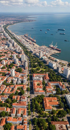 Aerial view of a coastal city with red-roofed buildings, green trees, and a busy harbor with many...