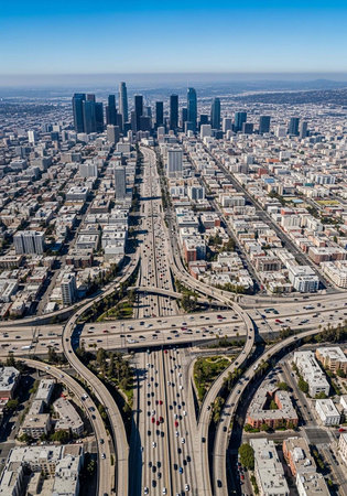 Aerial view of a city with a complex highway interchange, surrounded by buildings and skyscrapers,...