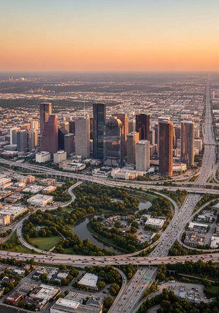 Aerial view of a bustling cityscape at sunset with modern skyscrapers and highwaysの写真素材