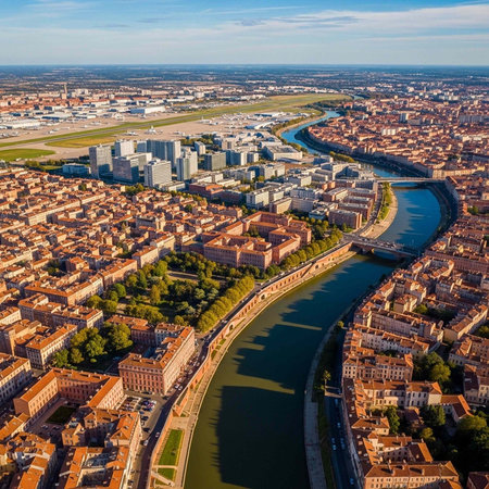 Aerial view of a city with a river running through it under a blue skyの写真素材