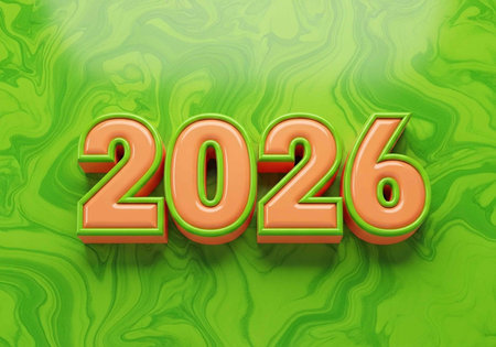 A vibrant green background with the year 2026 in large orange numbers