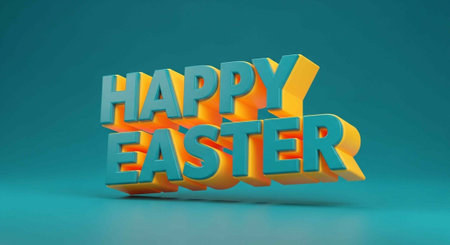 A colorful 3D rendering of Happy Easter text on a teal backgroundの写真素材