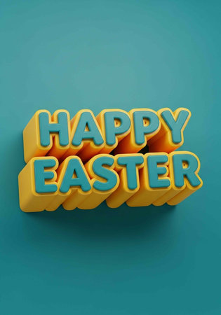 A 3D rendering of HAPPY EASTER in teal letters with yellow outlines and accents on a teal...
