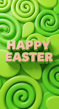 A colorful background of lime green swirls and rounded shapes with a Happy Easter text overlay in...