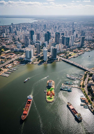 Aerial view of a city with a river, boats, and skyscrapers, showcasing urban landscape and waterway transportation.の写真素材